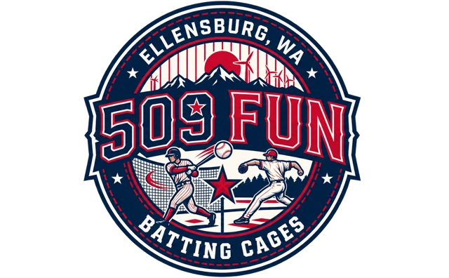 509 Fun Batting Cages badge: a hitter and a pitcher beneath mountains and wind turbines, Ellensburg, WA